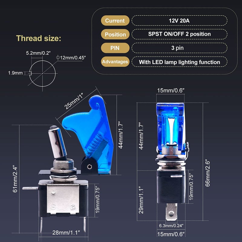 Twidec/3Pcs Rocker Toggle Switch 12V 20A Heavy Duty Racing Car Automotive Auto SPST ON/Off Toggle Switch Blue LED Light Illuminated 3Pin with Blue Waterproof Safety Cover ASW-07DBUBUMZ - Image 4